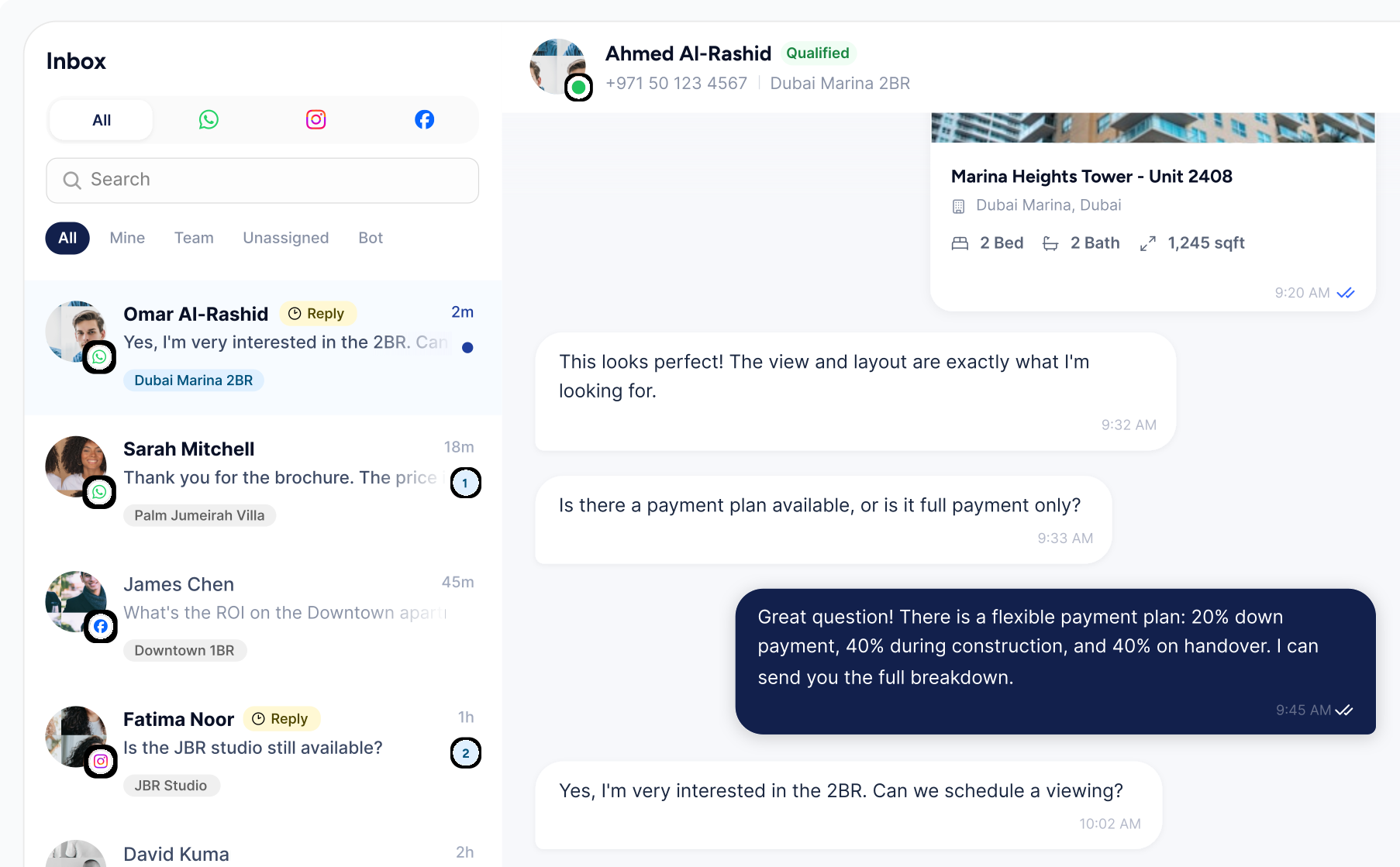 Propwise unified inbox with WhatsApp and Instagram property enquiries beside the matching CRM lead record